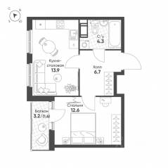 ЖК «Клюква.Парк», планировка 1-комнатной квартиры, 39.10 м²