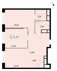 ЖК «Self», планировка 2-комнатной квартиры, 61.30 м²