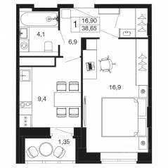 ЖК «Времена года», планировка 1-комнатной квартиры, 38.65 м²