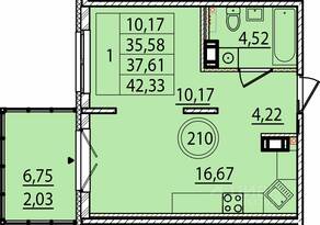 МЖК «Образцовый квартал 15», планировка 1-комнатной квартиры, 35.58 м²