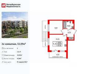 МЖК «Универ Сити», планировка 1-комнатной квартиры, 32.09 м²