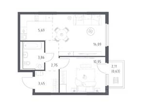 ЖК «Пригород Лесное», планировка 1-комнатной квартиры, 41.42 м²