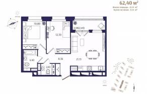 ЖК «Ranta Residence», планировка 2-комнатной квартиры, 62.40 м²