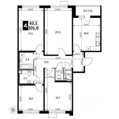 ЖК «Южная Битца», планировка 4-комнатной квартиры, 102.50 м²