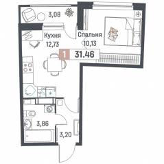 ЖК «Авиатор» (Девяткино), планировка 1-комнатной квартиры, 31.46 м²