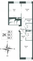 ЖК «Киноквартал», планировка 2-комнатной квартиры, 54.10 м²
