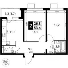 ЖК «1-й Донской», планировка 2-комнатной квартиры, 53.40 м²