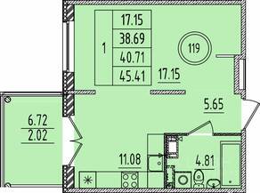 МЖК «Образцовый квартал 14», планировка 1-комнатной квартиры, 38.69 м²