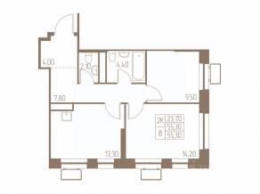 ЖК «Фабрикант», планировка 2-комнатной квартиры, 55.30 м²