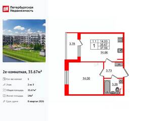 ЖК «Парадный ансамбль», планировка 1-комнатной квартиры, 35.67 м²