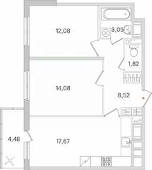 ЖК «Ясно. Янино», планировка 2-комнатной квартиры, 58.56 м²