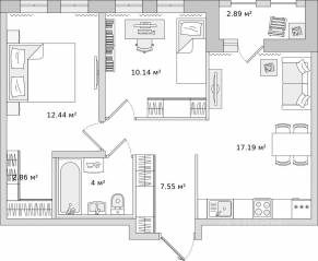 ЖК «Мурино Space», планировка 2-комнатной квартиры, 54.00 м²