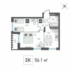 ЖК «Зеленоград Ривьера», планировка 2-комнатной квартиры, 56.10 м²