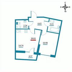 ЖК «Левитан», планировка 1-комнатной квартиры, 39.03 м²