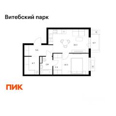 ЖК «Витебский парк», планировка 1-комнатной квартиры, 44.50 м²