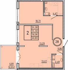 МЖК «Образцовый квартал 16», планировка 2-комнатной квартиры, 54.02 м²