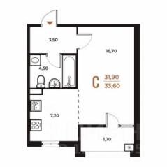ЖК «Новое Летово», планировка студии, 33.60 м²