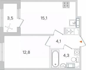 МЖК «Дубровский», планировка 1-комнатной квартиры, 38.05 м²