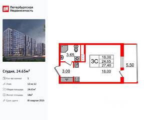 ЖК «Бионика Заповедная», планировка студии, 24.65 м²