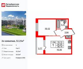 ЖК «Парадный ансамбль», планировка 1-комнатной квартиры, 32.25 м²