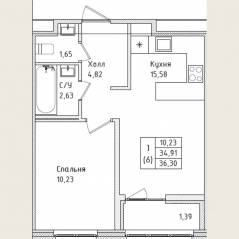 ЖК «Этала», планировка 1-комнатной квартиры, 35.70 м²