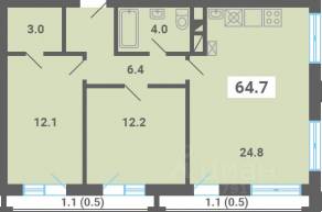 МЖК «Южная Долина», планировка 2-комнатной квартиры, 64.70 м²