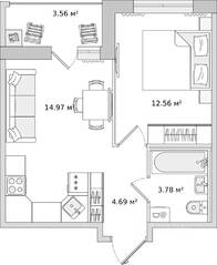 ЖК ЦДС «Dreamline», планировка 1-комнатной квартиры, 39.56 м²