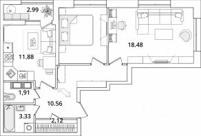 ЖК «БелАрт», планировка 2-комнатной квартиры, 60.40 м²