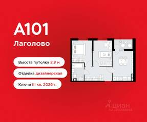 ЖК «А101 Лаголово», планировка 2-комнатной квартиры, 51.40 м²