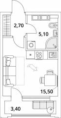 ЖК «Тайм Сквер», планировка студии, 25.00 м²