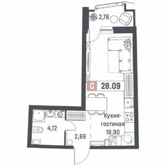 ЖК «Авиатор» (Девяткино), планировка студии, 28.09 м²
