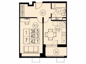 ЖК «River Park», планировка 1-комнатной квартиры, 40.30 м²