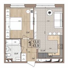 ЖК «Гранд Комфорт», планировка 1-комнатной квартиры, 43.90 м²