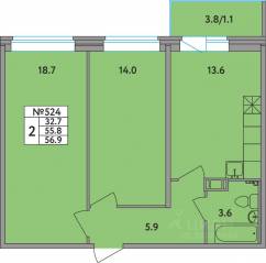 ЖК «Удача», планировка 2-комнатной квартиры, 56.90 м²
