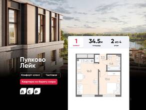 МЖК «Пулково Lake», планировка 1-комнатной квартиры, 34.50 м²
