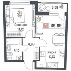 ЖК «Авиатор» (Девяткино), планировка 1-комнатной квартиры, 39.69 м²