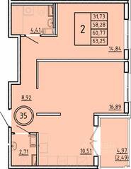 МЖК «Образцовый квартал 16», планировка 2-комнатной квартиры, 58.28 м²