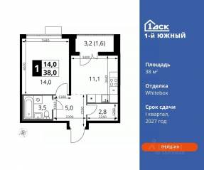 ЖК «1-й Южный», планировка 1-комнатной квартиры, 38.00 м²