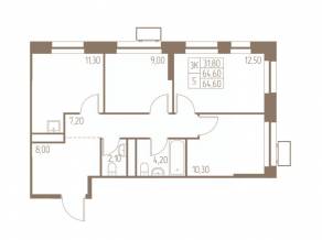 ЖК «Фабрикант», планировка 3-комнатной квартиры, 64.60 м²