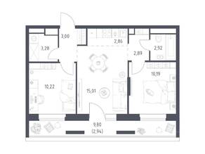 Апарт-комплекс «Верейская 41», планировка 2-комнатной квартиры, 53.31 м²