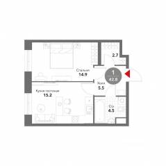 МФК «Voxhall», планировка 1-комнатной квартиры, 42.80 м²