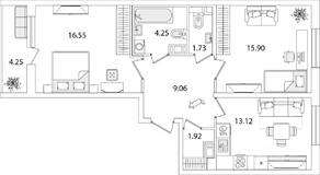ЖК «Кинопарк», планировка 2-комнатной квартиры, 64.50 м²