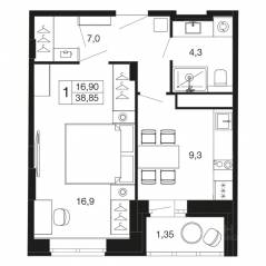 ЖК «Времена года», планировка 1-комнатной квартиры, 38.85 м²