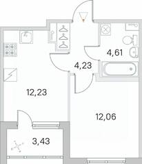 ЖК «Югтаун. Олимпийские кварталы», планировка 1-комнатной квартиры, 34.85 м²