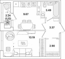 ЖК «Академик», планировка 1-комнатной квартиры, 33.74 м²