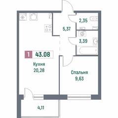 ЖК «Фотограф», планировка 1-комнатной квартиры, 43.08 м²