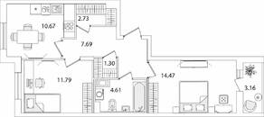 ЖК «Кинопарк», планировка 2-комнатной квартиры, 54.84 м²