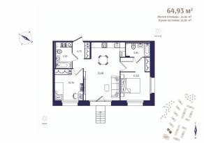 ЖК «Ranta Residence», планировка 2-комнатной квартиры, 64.93 м²