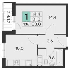 ЖК «Олимп» (Хотьково), планировка 1-комнатной квартиры, 33.00 м²