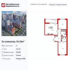 ЖК «Город звезд», планировка 2-комнатной квартиры, 56.98 м²
